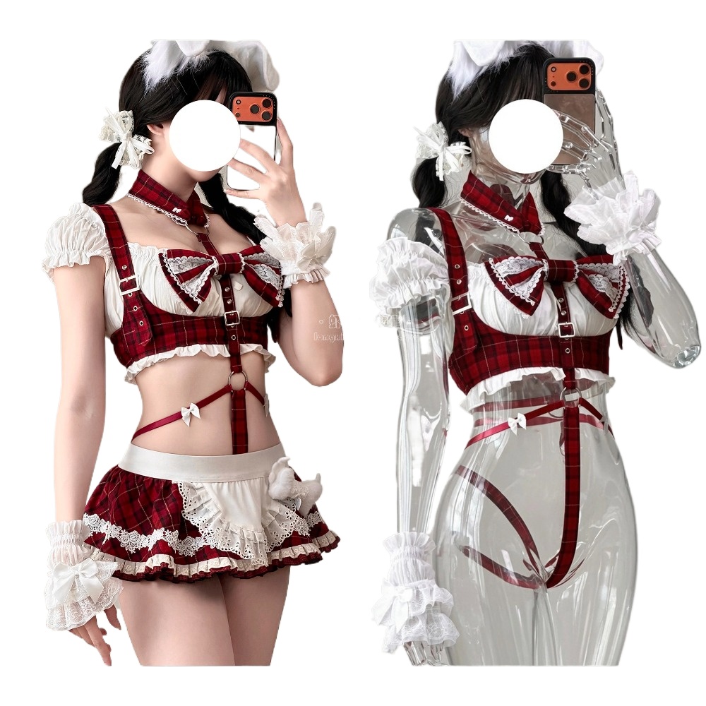 Anime Cosplay Bunny - Kawaii Kırmızı Ekose Hizmetçi Cosplay Kostümü